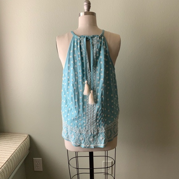 Sundance, seafoam color with embroidery accents. Sleeveless/Halter style top. - Picture 4 of 8